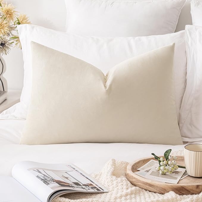 MIULEE 16x24 Inch Lumbar Velvet Throw Pillow Cover Set of 1 Cream White | Soft Luxury Decorative Throw Pillow Cover, Single Rectangle Cushion Case, Home Decor for Chair Couch Sofa Bedroom Car Bed