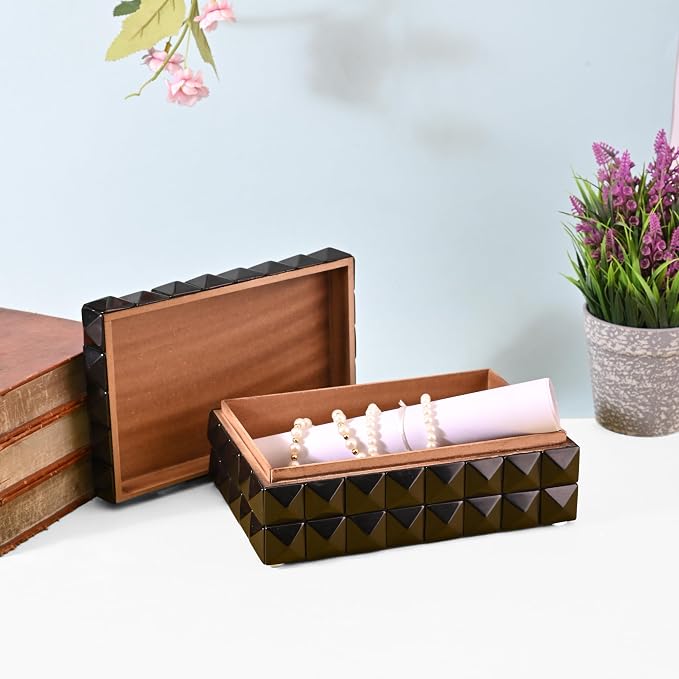 Perilla Home Large Decorative Storage Box – 8" x 5" x 3" – Black MDF with Madison Black Resin Finish – Wooden Keepsake Chest for Blankets, Crafts & Home Organization