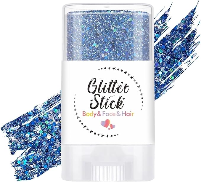 Body Glitter Stick, Perfect Holographic Sequins Face Paint Glitter Neon Outfit Rave Festival Party Accessories Hair and Body Glitter Gel Makeup (Blue & White)