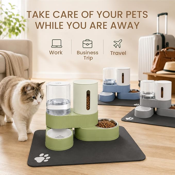 Gravity Cat Feeder 2 Pack Automatic Food Feeder Stainless Steel Water Dispenser Set 360 Degree Rotatable Pet Bowls with Silicone Mat for Cats Small Medium Dogs, Large Capacity(Blue)