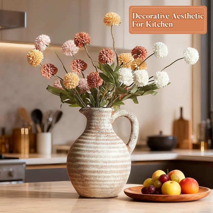 Ceramic Flower Vase Rustic Terracotta Vase with Handles,8 Inch | Neutral Clay Pitcher Antique Vase,Vintage Farmhouse Vases for Home Decor,Living Room,Table