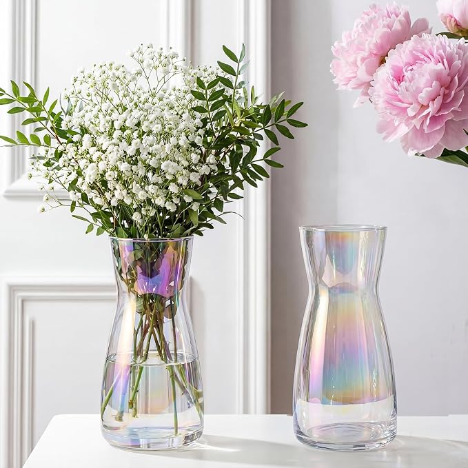 8 inch Glass Flower Vases for Flower 2 Pack,Colorful Glass Vases | Vases for Centerpieces Table,Flower Bouquet Decoration,Wedding Decor Gift,Birthday,Living Room