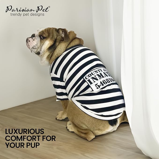 Parisian Pet Prisoner Dog Costume - 100% Cotton Striped Dog Clothes for Large Dogs - Lightweight Puppy Outfits - Funny French Bulldog Clothes - Sleeved Shirt for Dogs - Stretchy Pet Costume