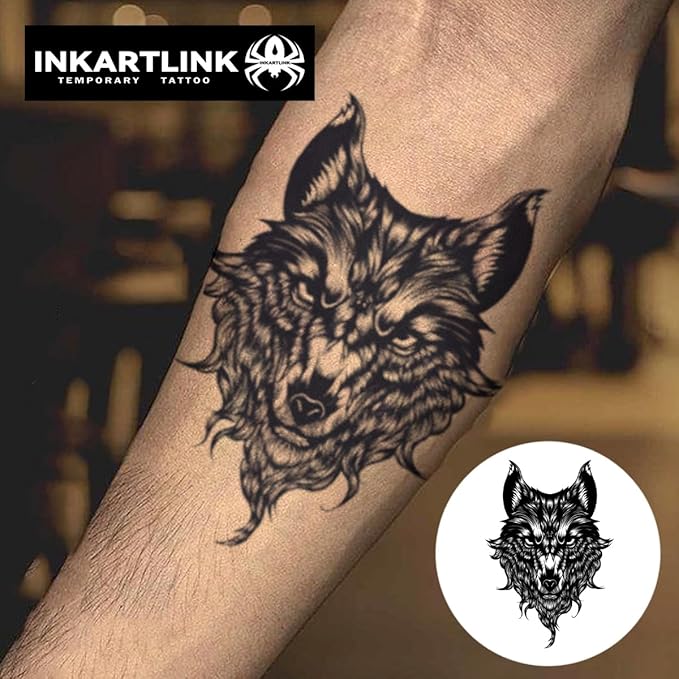 INKARTLINK Semi Permanent Tattoo, Temporary Tattoo, Wolf Design, Black, Waterproof