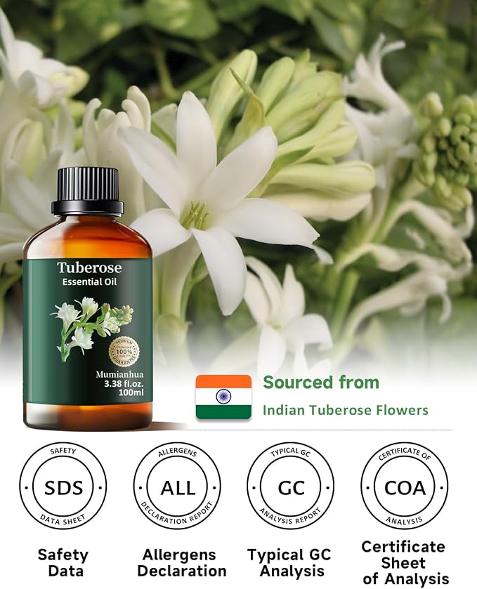 Tuberose Essential Oil, Floral Scent, Diffuser & DIY, 3.38 Fl Oz | Mumianhua Tuberose Oil. Creamy Aroma. For Diffuser, Perfume, Skin, Hair , Candle, Perfume Soap Making