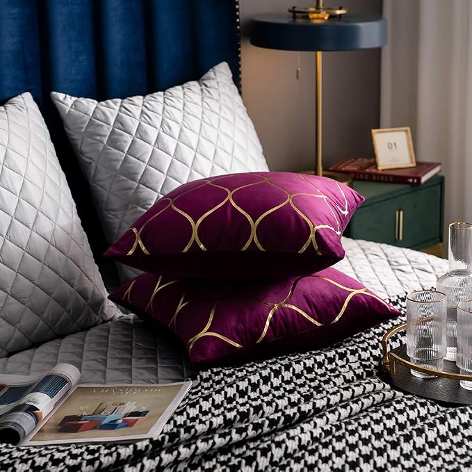 Gold Velvet Throw Pillow Covers Purple: 2 Pack 18x18 Inch Square Decorative Pillow Cases for Bedroom Sofa Couch Living Room