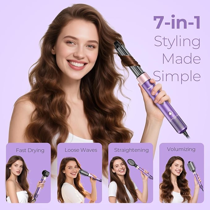 Vincofy 7 in 1 Blow Dryer Brush Set – Hot Air Styler for Fast Drying, Curling, Straightening & Volumizing – Ionic Hair Dryer Brush with 1200W Power – No Heat Damage for All Hair Types – Lilac