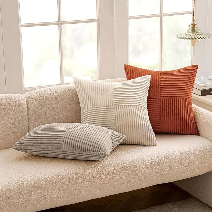 MIULEE Taupe Decorative Throw Pillow Covers for Couch 20x20 Inch | 2 Pack, Boho Farmhouse Pillow Covers, Soft Cross Corduroy Patchwork Textured Cushion Cases For Bed Sofa