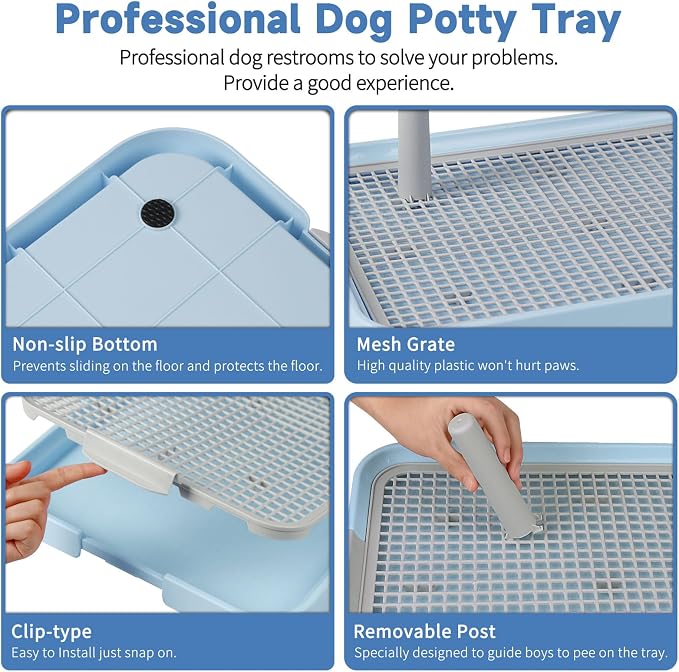 CUHIOY Dog Potty Tray Toilet 20"x14", Indoor Pee Pad Holder, Blue | With 8pcs Training Pads, Puppy Pee Mesh Potty Pan, Secure Latch Doggy Bathroom Litter Box for Small Medium Puppies