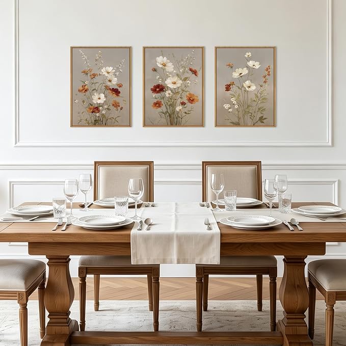 BINCUE Vintage Flower Wall Art Canvas Rustic Wildflower Artwork Neutral Botanical Wall Decor Framed Mid Century Floral Painting Farmhouse Daisy Prints for Living Room Bedroom Office 12"Lx16"W Set of 3