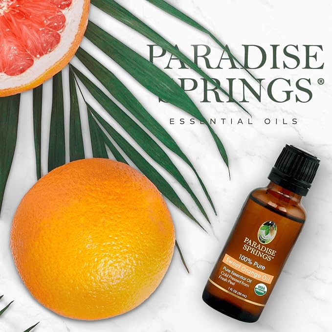 Paradise Springs Organic Sweet Orange Essential Oil, 100% Pure and Natural Organic Sweet Orange Essential Oil for Diffusers for Home Aromatherapy, Massage, Humidifiers, 1fl oz (30ml)