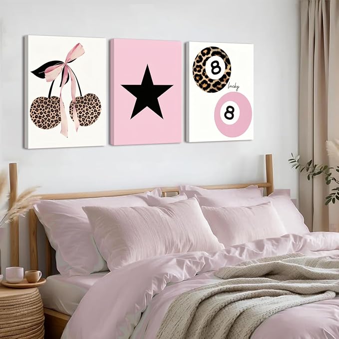 Trendy Pink Leopard Bow Canvas Wall Art Set of 3 Funky Cherry Lucky 8 Ball Posters Prints Wall Decor Cute Coquette Preppy Aesthetic Pictures for Girls Bedroom Dorm Apartment 12x16 In Framed