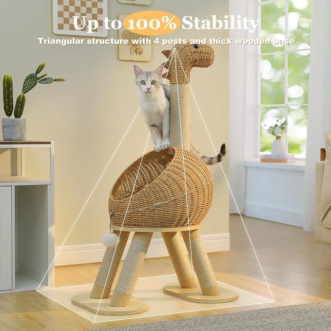 PAWZ Road Dinosaur Cat Tree 46” Cat Scratching Posts with Large Rattan Bed | Modern Cat Furniture with 18.5 Dia Cat Bed and Removable Mat, Themed Cat Tower 5 Scratching Posts for Indoor & Large Cats