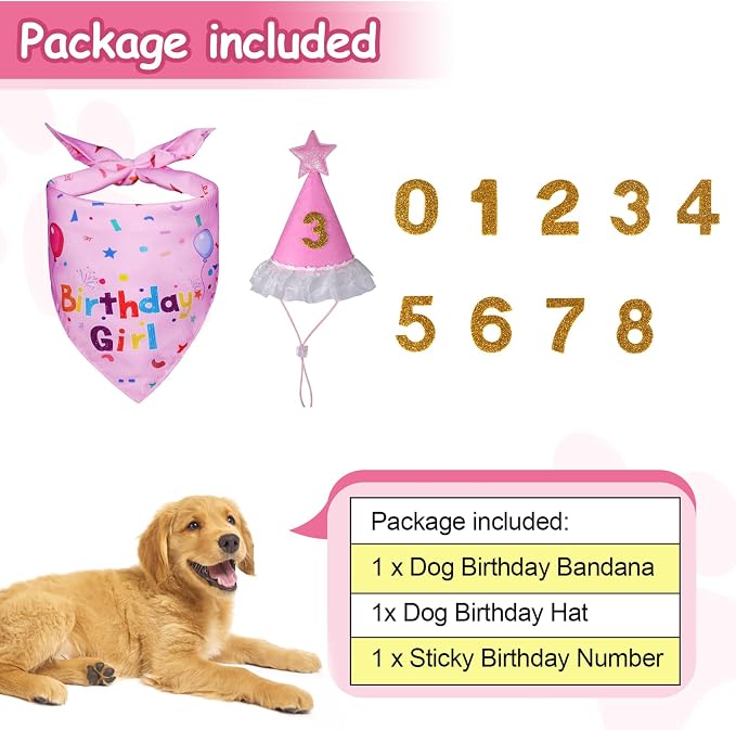 Dog Birthday Bandana Set, Dog Birthday Party Supplies | Puppy Boy Girl Birthday Party Hat with Numbers for X-Small, Small and Meidum Puppy (Pink)
