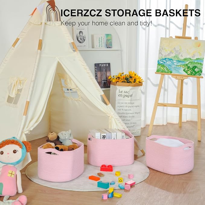 ICERZCZ Storage Baskets for Organizing Shelves, Pink Basket for Nursery, Woven Cotton Rope Baskets for Storage, Towel Basket for Bathroom, 15"x11"x9.5", 3 Packs, Light Pink