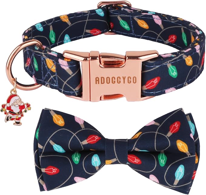 ADOGGYGO Christmas Dog Collars with Bow, Detachable Xmas Light Print Bowtie, Metal Buckle, Adjustable Christmas Collars for Extra Small Dogs Boy Girl (X-Small)