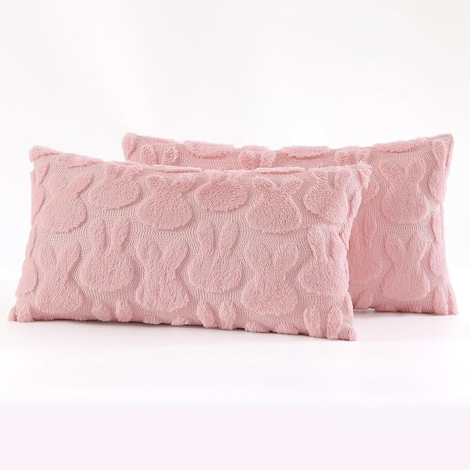 decorUhome Pink Faux Fur Bunny Throw Pillow Covers 12x20 Set of 2 | Plush Soft Wool Jacquard Pink Rabbit Cushion Covers, Modern Farmhouse Easter Holiday Decor PillowCases for Sofa Bed