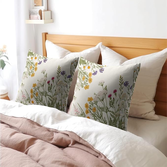 Kawani Wildflower Throw Pillow Covers 16x16 Inch Set of 2 Nature Spring Botanical Herb Plants Floral Square Pillowcase Cotton Linen Cushion Case for Couch Sofa Bedroom Living Room Car
