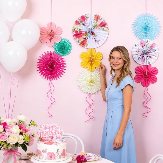 SUNBEAUTY Paper Flowers Decorations for Wall Tea Party Decoration Paper Fans Classroom Decoration Paper Floral Backdrop Decor for Valentines Day Mother's Day and Wedding, Set of 9