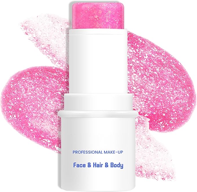 Pink Body & Face Glitter Makeup Stick, Multiuse Waterproof Glitter Gel for Face Body Hair Eye Lip, Holographic Sequins Paint Stick, Mermaid Accessories Makeup