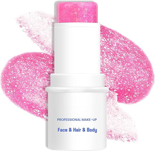 Pink Body & Face Glitter Makeup Stick, Multiuse Waterproof Glitter Gel for Face Body Hair Eye Lip, Holographic Sequins Paint Stick, Mermaid Accessories Makeup