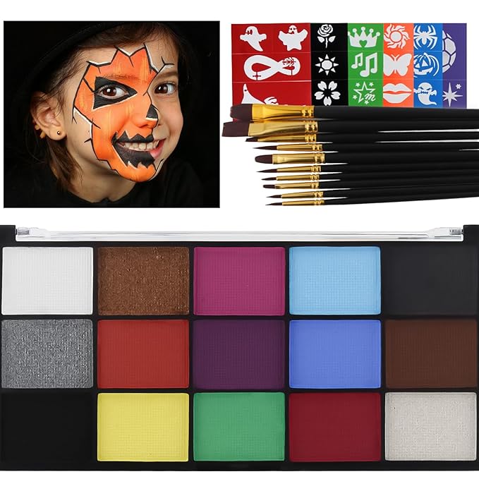15 Color Face Paint Kit, Professional Face Painting Kit SFX Makeup Palette, Water Activated Body Paint for Cosplay Halloween Party for Kids and Adults Safe Non Toxic with 12 Pcs Brush & Stencils Matte