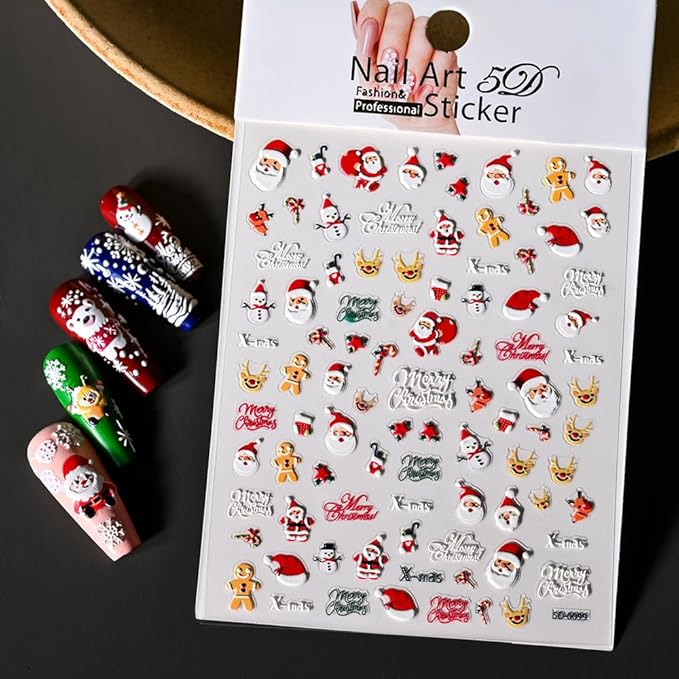 Christmas Nail Stickers for Nail Art, 5D Embossed Self-Adhesive Hat Deer Nail Decals, Mushroom Nail Supplies Nail Art Design Accessories for Women and Girls Manicure DIY Decoration