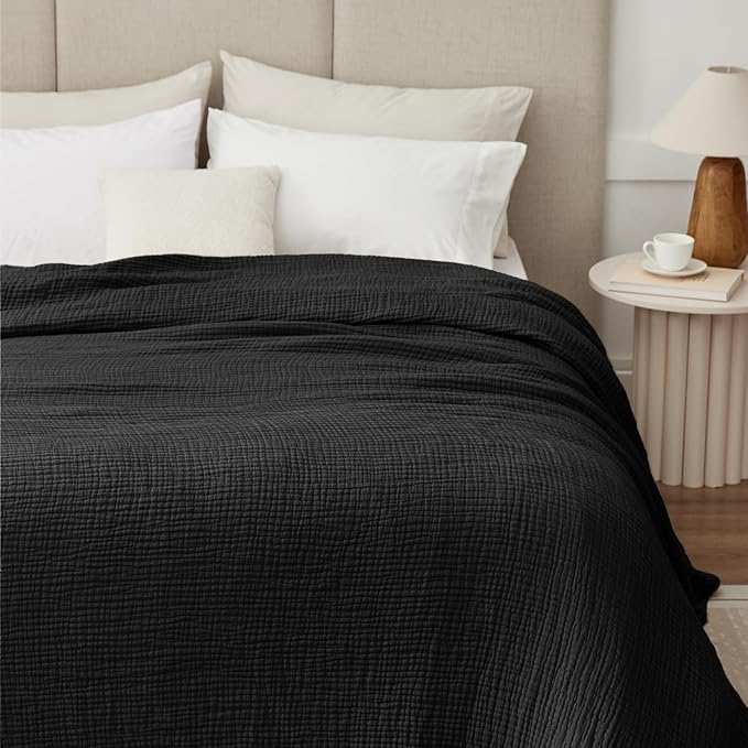 100% Cotton Muslin Blanket Twin 66" x 90", 6 Layers Breathable and Lightweight Cotton Blankets for Couch, Soft Cooling Summer Gauze Blanket for Adults All Season, Black
