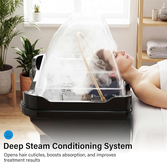 Head Spa Equipment with Thermostatic Waterfall Circulation, 60L Water Storage and 30L Wastewater Tanks, Mobile Shampoo Bowl with Fumigation & LED Therapy for Spa Bed Salon Scalp Care, Black