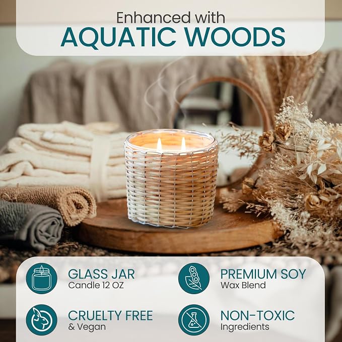 Sea Grass Scented Candle – Luxury 12oz Soy Wax, 2-Wick Handwoven Glass Jar, scents of Blackcurrant, Jasmine and Sandalwood - Santal Candle, 75+ Hour Clean Burn, USA Made