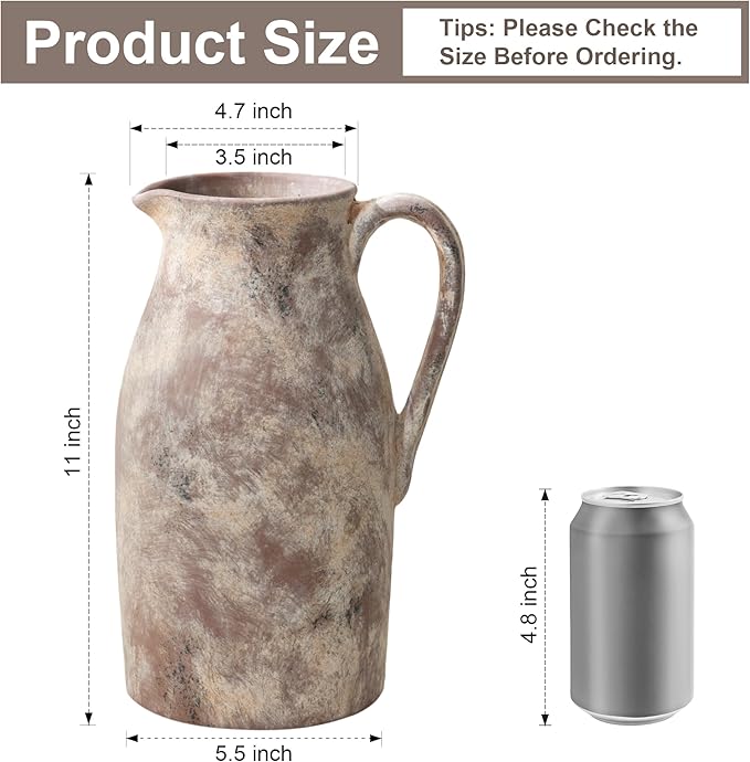 Ceramic Flower Vase with Handles,11" Neutral Tall Clay Terracotta Vases Farmhouse Table Vases with Handle Living Room Decor Rustic Pottery Pots for Home Shelf Coffee Dining Desk Fireplace