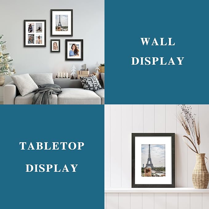 Hongkee 5x7 Picture Frame Set of 4, Made of Real Glass and Rustic Black Wooden Frame, 5 by 7 Photo for Wall or Tabletop - Display Picture 4x6 with Mat or 5x7 Without Mat