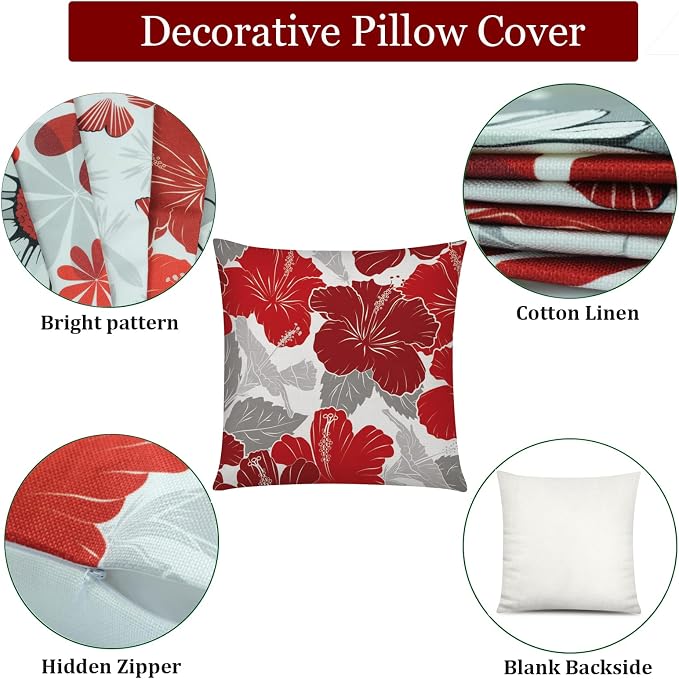 Red Grey Throw Pillow Covers 20x20 Set of 6, Dasiy Floral Home Decor | red floral, decorative cushion cover, Breathable Linen, Large Throw Pillow Size, Spring Christmas Couch Sofa Living Room