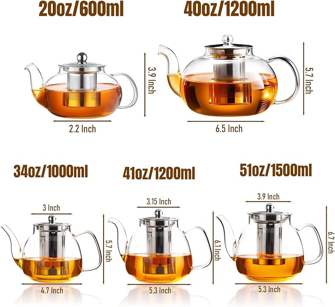 PARACITY Glass Teapot Stovetop 40 OZ/1200ml, Borosilicate Clear Tea Kettle with Removable 18/8 Stainless Steel Infuser, Teapot Blooming and Loose Leaf Tea Maker Tea Brewer for Camping, Travel