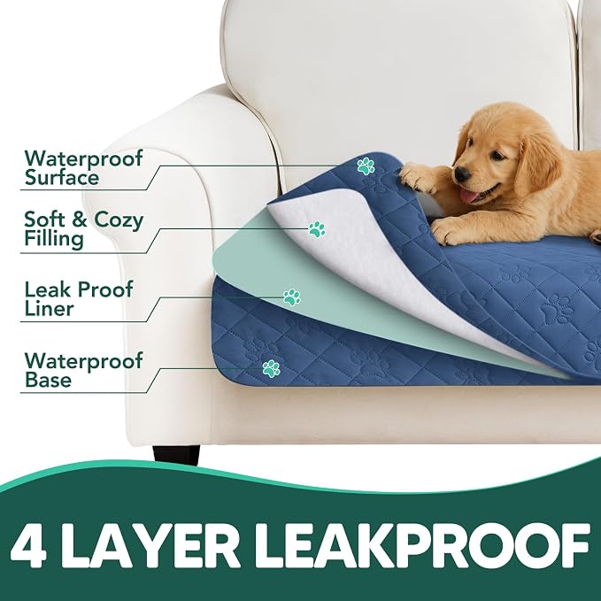 PAWFINITY Waterproof Couch Covers for Dogs, Pet Blanket for Sofa Washable | Paw Print Quilted, Hair Resistant, Anti Cat Scratch, Pee Proof Furniture Protector for 3 Seat Sofa and Bed, 30x75 Inch, Blue