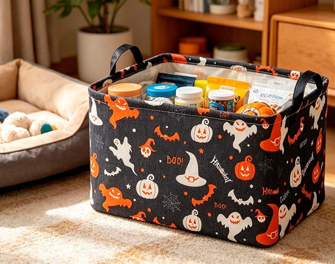 CLOCOR Rectangular Storage Basket Empty,Gift Basket,Waterproof Storage Bin with Handles,Room Decor(Black Halloween Basket)