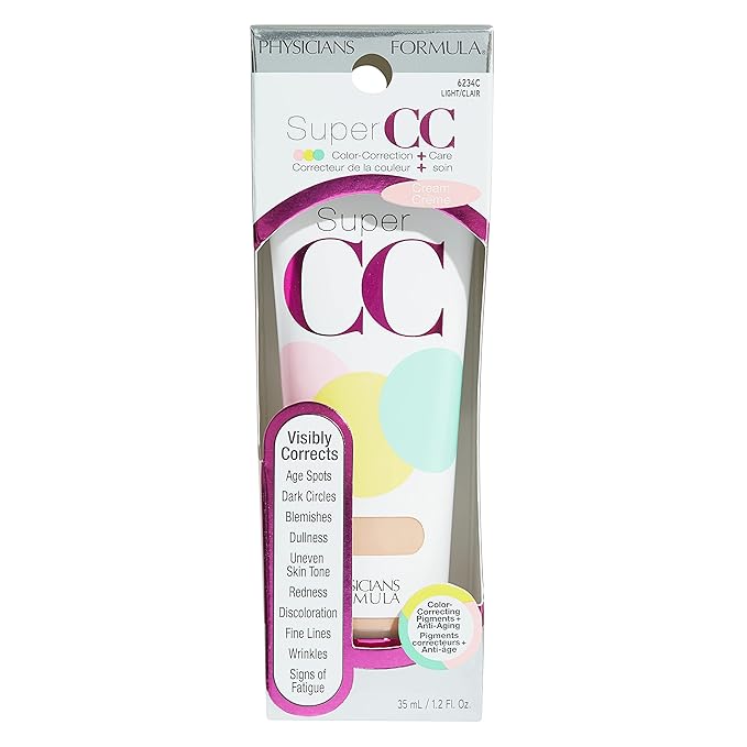 Physicians Formula Super CC+ Cream Color-Correction + Care Cream Full Coverage Foundation, Anti Aging Hydrating Serum, For Uneven Skin Tone, Dermatologist Approved, Light