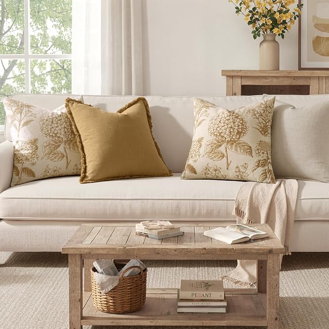 Set of 2 Decorative Floral Pillow Covers 22x22 Inch Light Yellow | Neutral Hydrangea Print, Boho Vintage Throw Cushion Covers, Cottagecore Home Decor, for Sofa Couch Porch Bedroom Living Room