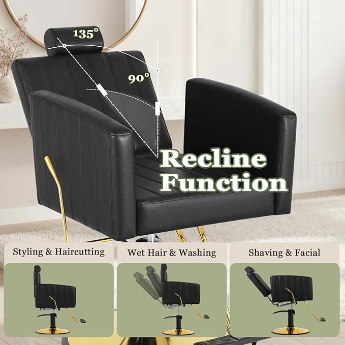 Black and Gold Salon Chair for Hair Stylist, Heavy Duty Hydraulic Barber Salon Chair with Vertical Stitch Design, 360° Swivel, Adjustable Height, Ergonomic Reclining Stylist Chairs for Beauty Salon