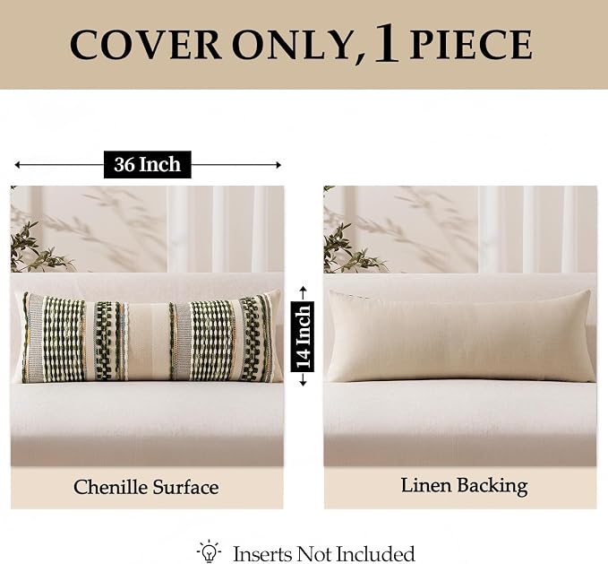 ANRODUO Boho Decorative Pillow Covers Olive Green Stripe 14x36 Pack of 1 | Throw Pillow Covers, Farmhouse Cushion Case, Long Chenille Pillow Cases, Lumbar Pillow Covers, Pillowcase for Sofa Bed