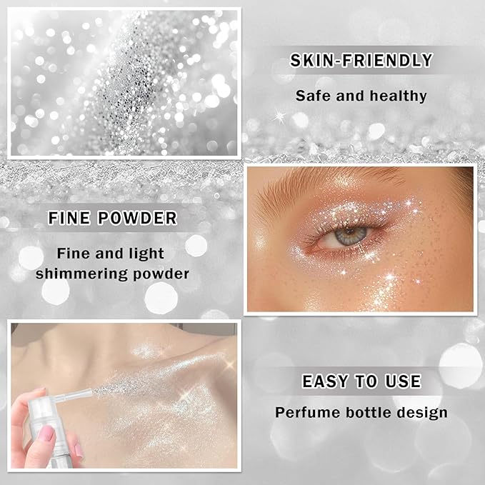 AWCCXMYM Body Glitter Spray Sparkle Hairspray Highlighter Glitter Shiny Spraay for Hair and Body,Face Glitter Powder for Halloween,Christmas,Concert Accessories Party Body Makeup(Silver)