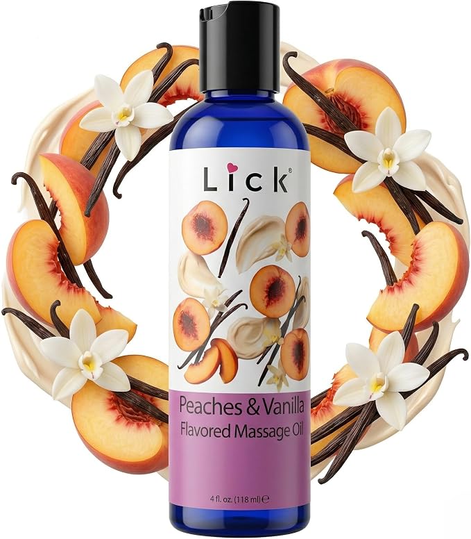 Lick Peaches and Vanilla Flavored Massage Oil – Tropical Edible Massage Oil with Sweet Almond Oil & Vitamin E, Hydrating Body-Safe Formula for Relaxing Couples Massage, 4 oz