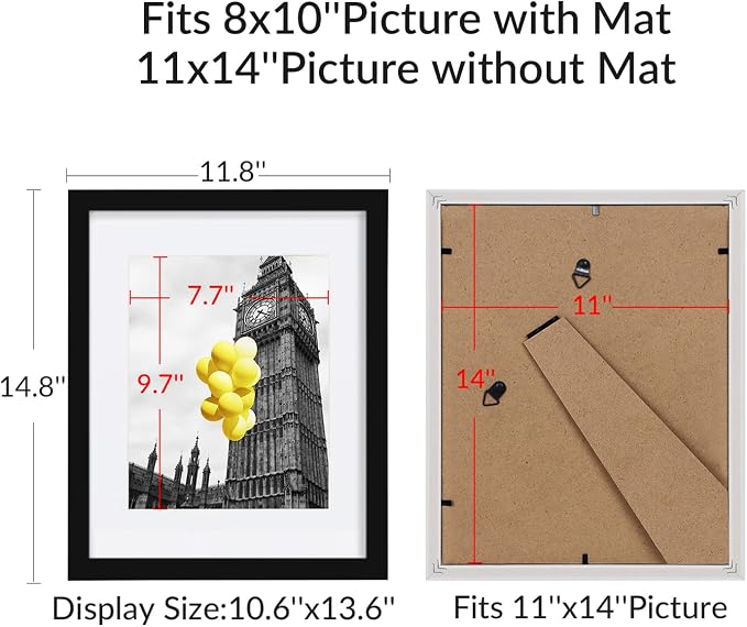 11x14 Picture Frame Set of 9, Display Pictures 8x10 with Mat or 11x14 without Mat, Multi Collage Gallery Square Photo Frames for Wall or Tabletop, Black