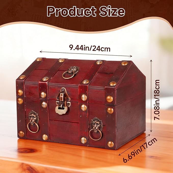 Large Vintage Wooden Treasure Chest Antique Box with Metal Lock | Wood Jewelry Box Storage Decorative Boxes Handmade Rectangle Organizer for Women Ring Necklace Earring Coins Collectibles