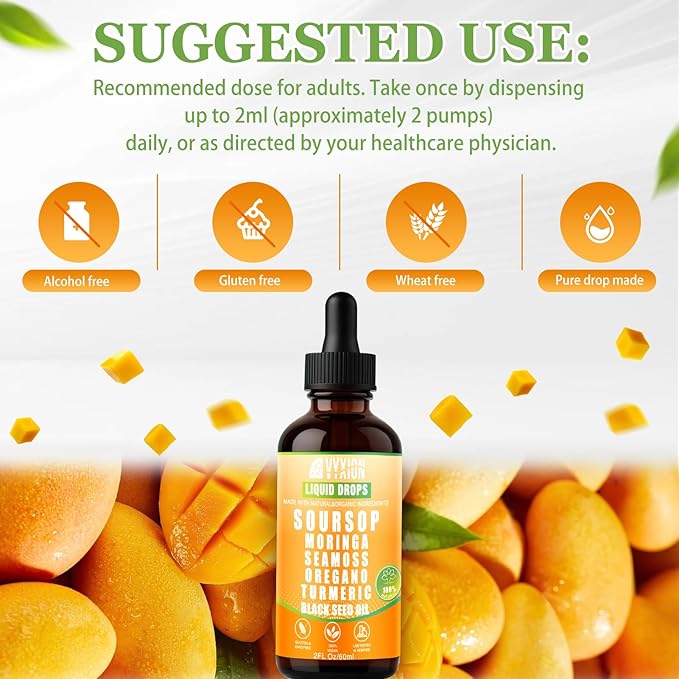 Soursop Bitters Liquid Drops 10 in 1 with Sea Moss, Moringa, Turmeric, Black Seed Oil, Oregano, Ashwagandha | Herbal Extracts for Overall Health-Enhancing | Vegan, Non-GMO | 2 Fl Oz(Mango flavor)