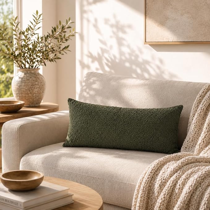 JoraLion 12x24 inch Boucle Lumbar Pillow Cover, Army Green Woven Texture Neutral Long Pillow Cover Breathable Cushion Case for Couch Sofa Bed Living Room Home Decor (Cover Only)