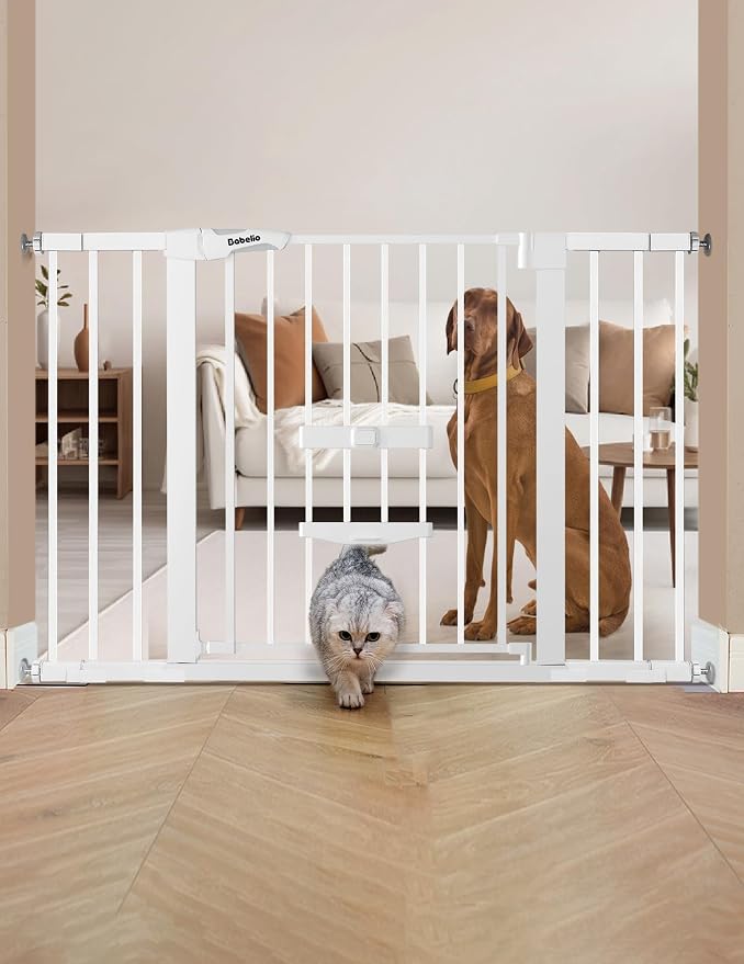 Babelio Extra Wide Baby Gate with Cat Door, CatPrivilege II, 29-48" | Auto-Close Metal Pet Door for Stairs, Doorways & House, Pressure/Hardware Mounted, Easy Walk Thru, White