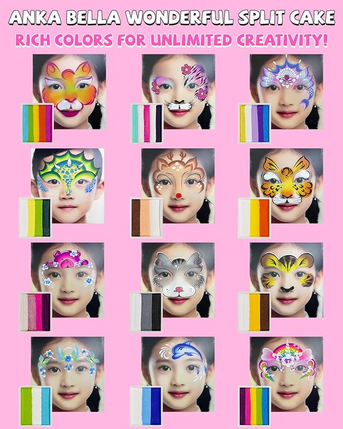 Anka Bella Professional Face Painting Kit for Kids,Rainbow Cake Face Paint with Stencil(12x10gm),Non-Toxic Water Based Face Paint Palette for Birthday Parties/Halloween/Carnival