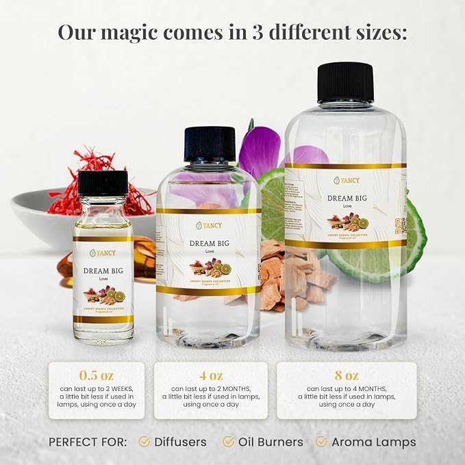YANCY Dream Big Luxury Collection Fragrance Oil (8 oz), Sweet Fruity Scent, Inspiring Aroma for Diffusers, Oil Burners & Aroma Lamps, Boosts Motivation and Enhances Workspace Energy