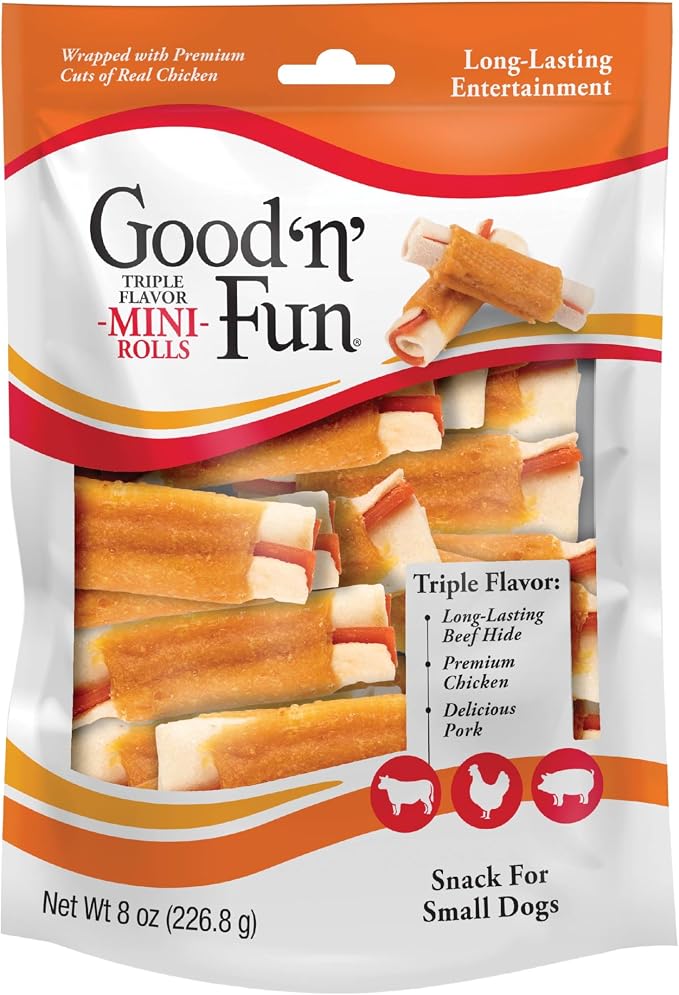 GOOD 'N' FUN Mini Roll Long-Lasting Dog Treat for Small Dogs, 8 oz | Made with Real Protein, Premium Chicken, Pork and Beef Hide Chew, Supports Dental Health, Mental Stimulation, For Adult Dogs
